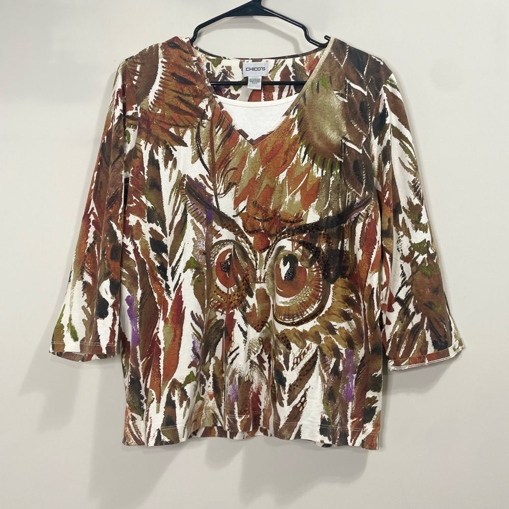 Chico’s Owl Tee, Built-in Tank Look, Size 2